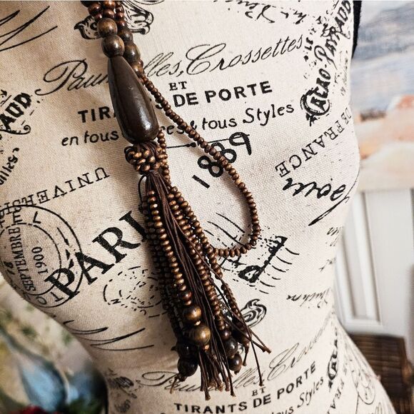 New Wood Beaded Tassel Detail Lightweight Statement Necklace. 24" - Picture 3 of 15